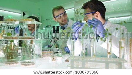 Team of Food Researchers Examining Bio Plant Seedlings in Nursery Laboratory, Botanists Lab Scientists People Doing Microscopic Biological Test on Organic Seed, Future Science Research Activity