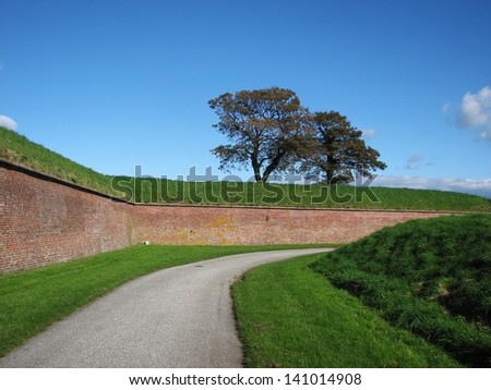 winding road, green grass, brick wall, two trees - Danish scenic landscape