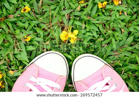 sneakers shoes youth wall background green garden sport pink color fashion footwear running foot