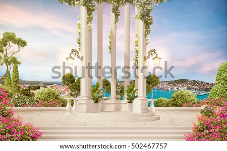 The old columns with flowers, sea view