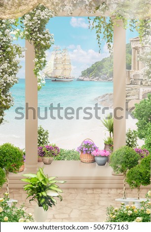 The old columns with flowers , sea view
