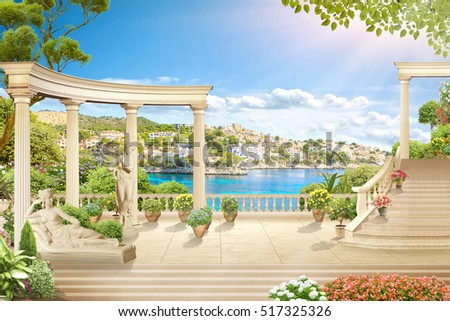 Old balcony with columns overlooking the sea
