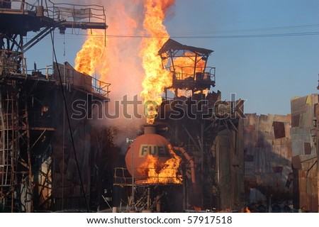 HOLLYWOOD - SEPTEMBER 15: Big explosion at the end of the live stunt show called Waterworld on 15 September in 2008 in the Universal Studios Hollywood.