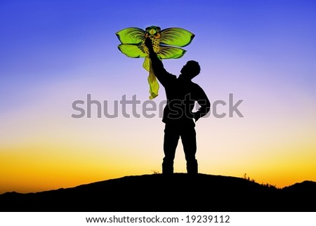 man with a kite in sunset