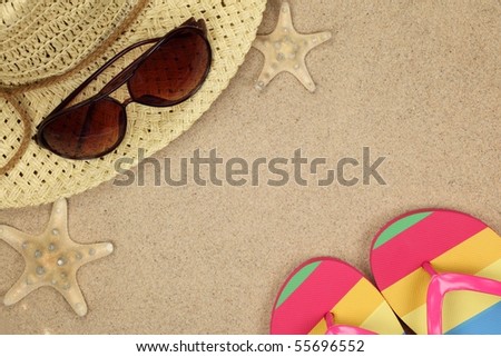 flip flops in the sand. flip flops, hat,