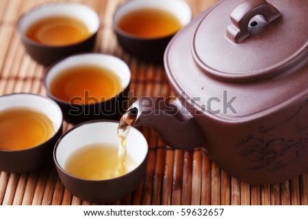 Set of China tea on bamboo mat,Closeup.