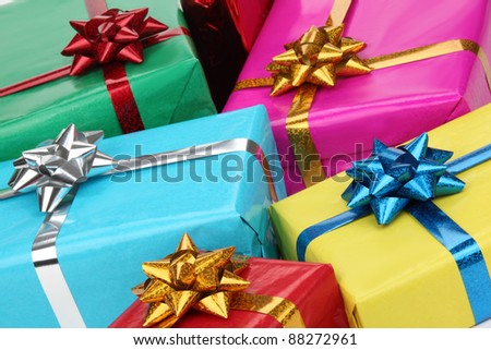 Closeup of colorful gifts boxes.