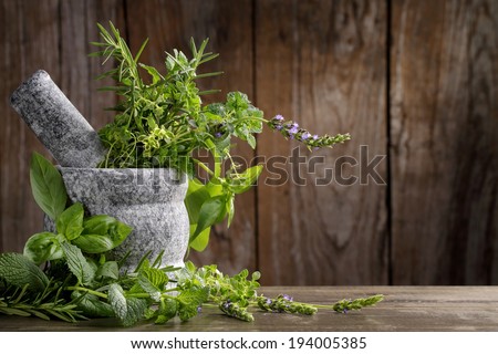 herbs in mortar on wooden background
