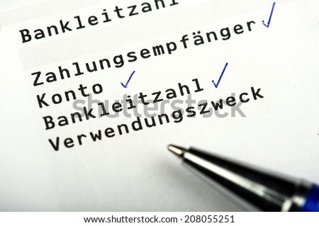 Account Bank Usage written in German Language Konto Bankleitzahl Verwendungszweck