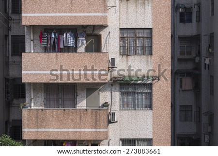 Laundry hangs to dry Washing lines on the balconies in Guangzhou, China