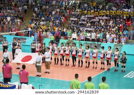 BANGKOK,THAILAND - July 4,2015: Flag of Japan and Japan volleyball team in action during FIVB Volleyball World Grand Prix Bangkok 2015 at Hua Mak Sports Complex.