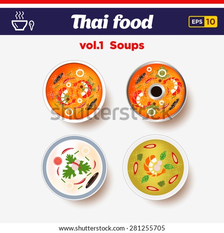 Thai food icon set. Top view of the hot spicy chilly soups with shrimps and coconut milk