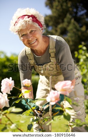 Portrait of lovely senior woman taking care of plants in her garden looking at you smiling - Elderly woman gardening in backyard on a sunny day