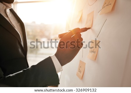 Cropped shot of businessman putting his ideas on white board during a presentation in conference room. Focus in hands with marker pen writing in flipchart.