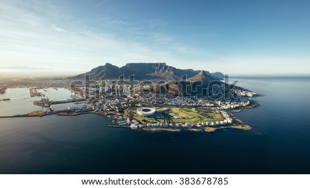 Aerial coastal view of Cape Town. View of cape town city with table mountain, cape town harbour, lion\'s head and devil\'s peak, South Africa.