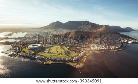 Aerial view of Cape Town with Cape Town Stadium, Lion\'s Head and Table mountain.