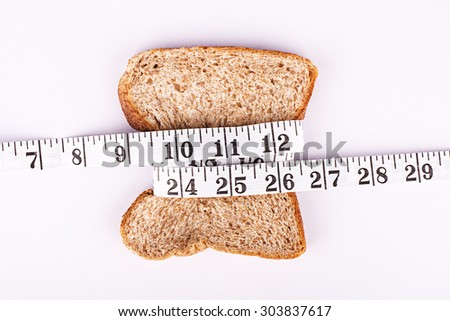 slice of bread with measurement tape on white background