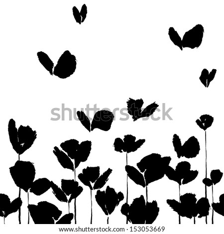 Ink illustration of flowers and butterflies