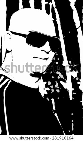 bald man looked like a sportsman in sunglasses looking directly at you. Photo in black and white style.