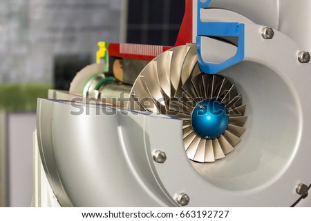 close up detail cross section impeller inside of electric centrifugal pump or blower for industrial