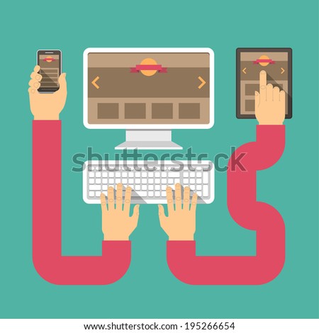 Conceptual vector illustration of responsive web design with computer, tablet, and smart phone connected with hands