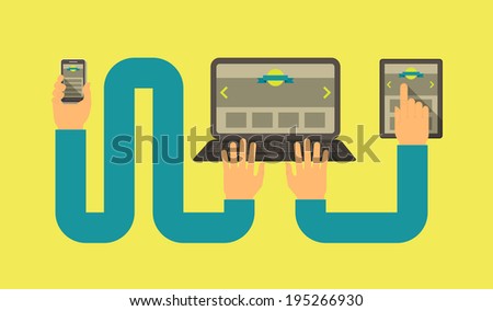 Horizontal conceptual illustration of responsive web design with a laptop, a tablet and a smart phone connected with hands