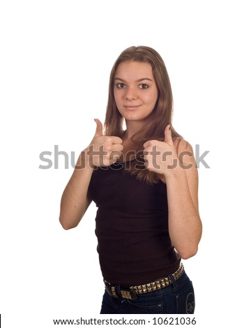 Cute teen model giving the camera a thumbs-up, isolated against white