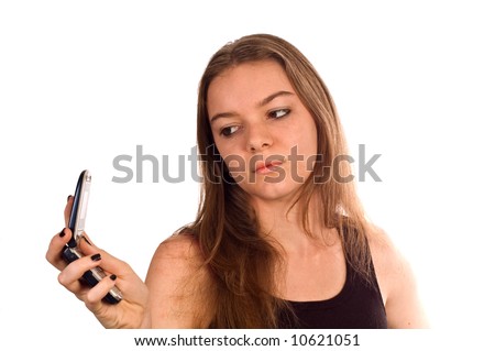 stock photo Young teen model with a cell phone isolated against white
