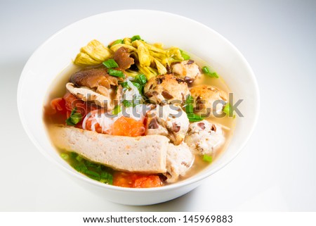 Meatball noodle soup, made from meat ball, ham and vegetable