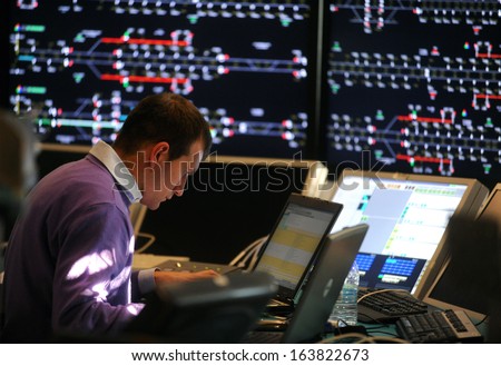 Bologna, Italy - November 26: Central\'S Station Control Room Of The New High Speed Train Freccia Rossa. November 26, 2007 In Milan, Italy.