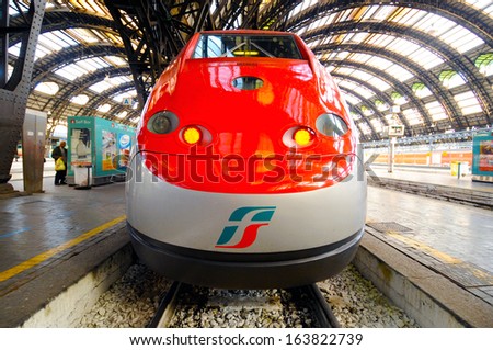 MILAN, ITALY - NOVEMBER 26: new high speed train Freccia Rossa connecting Milan central station to Bologna central station, November 26, 2007 in Milan, Italy.