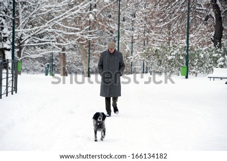 MILAN, ITALY - FEBRUARY, 02: a dog and his owner walking in a public park covered with snow, in Milan. Milan, February 02,2012