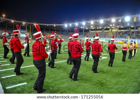 MILAN, ITALY - AUGUST 31: a Marching Band performs before the American Football match Italy vs Spain, valid for the European Cup, Milan, August 31,2013.