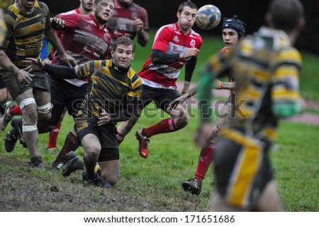 MILAN, ITALY - OCTOBER 28: Amateur rugby league in Milan, October 28,2010. Players during the match between A.S.R. Rugby Milano vs Biella Rugby Club.