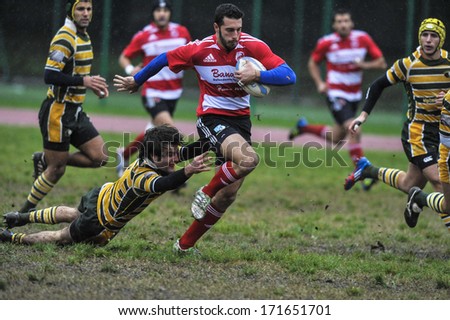 Milan, Italy - October 28: Amateur Rugby League In Milan, October 28,2010. A Player Run To Goal During The Match Between A.S.R. Rugby Milano Vs Biella Rugby Club.