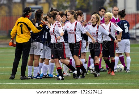 Milan, Italy - January 26: Fair Play Greeting At The Beginning Of A Female Amateur Soccer Match Between Ac Milan Vs Bocconi University In Milan January 26, 2009.