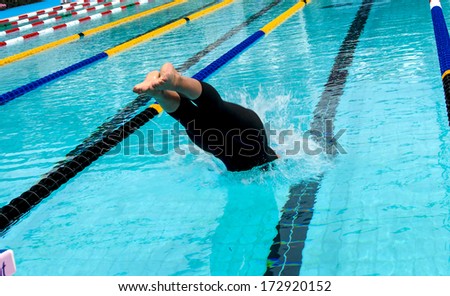 ROME ITALY - JUNE 14: Swimmer diving into water during a swimming race of the International Swimming Championship \