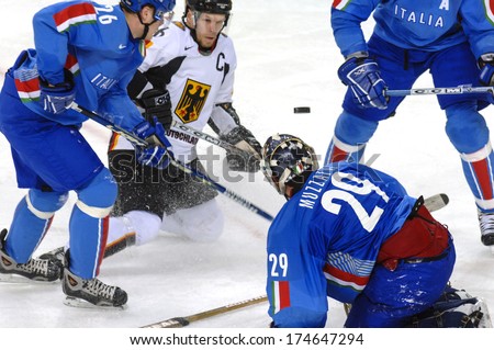 TURIN, ITALY-FEBRUARY 18, 2006: Male Ice Hockey match Italy vs Germany at the Winter Olympic Games of Turin 2006.