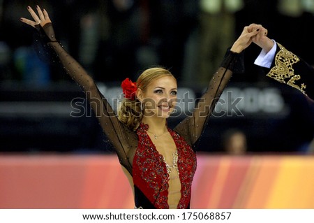 TURIN, ITALY-FEBRUARY 21, 2006: Tatiana Navka at the end of the competition on the Couple Figure Ice Skating\'s final during the Winter Olympic Games of Turin 2006.