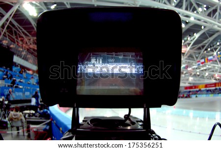 TURIN, ITALY FEBRUARY 15, 2006: Television camera\'s back and white screen recording  the Winter Olympic Games of Turin 2006.