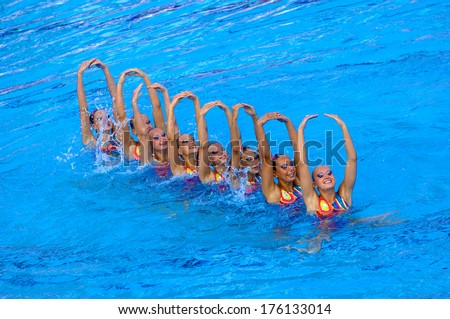 BUDAPEST, HUNGARY JULY 31, 2006: Synchronized team compete during the European Swimming Championship in Budapest.