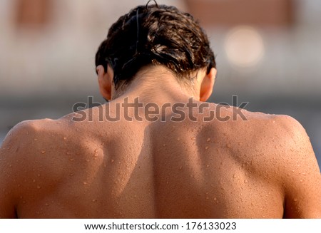BUDAPEST-HUNGARY-AUGUST 06, 2006: Powerful swimmer man shoulders are seen during the European Swimming Championship in Budapest.