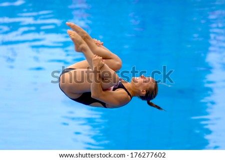 BUDAPEST, HUNGARY-AUGUST 05,2006: Italian Tania Cagnotto diving into water during the European Swimming Championship in Budapest.