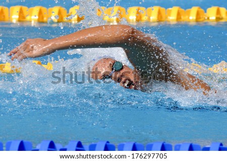 Budapest, Hungary-July 31, 2006: Swimmer Woman Competes On A Freestyle Stroke Race During The European Swimming Championship In Budapest.