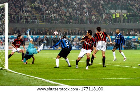 MILAN, ITALY-OCTOBER 30, 2006: Soccer derby of Milan. Players of AC Milan and FC Internazionale during the match.