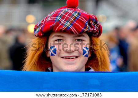 EDINBURGH, SCOTLAND-MARCH 26, 2007: Young scottish fan wearing a scottish hat outside the stadium, before the Six Nations Rugby Tournament match Scotland vs Italy.