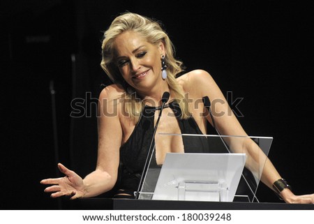MILAN, ITALY-SEPTEMBER 22, 2012: Actress Sharon Stone, charity auctioneer for AmFar, the Foundation for AIDS Research, during the Fashion Week in Milan.