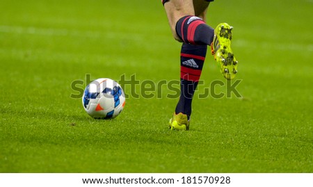MILAN, ITALY-MARCH 02, 2014: AC Milan soccer player\'s close up, during a Serie A soccer match at the San Siro stadium in Milan.
