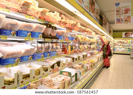 VARESE, ITALY-APRIL 11, 2014: Packaged food in a supermarket aisle, in Varese.