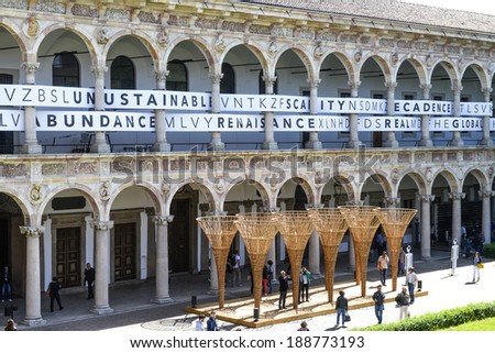 MILAN, ITALY-APRIL 10, 2014: design art installations on the Renaissance Statale University\'s courtyard, during the International Design Fair, Salone del Mobile, in Milan.